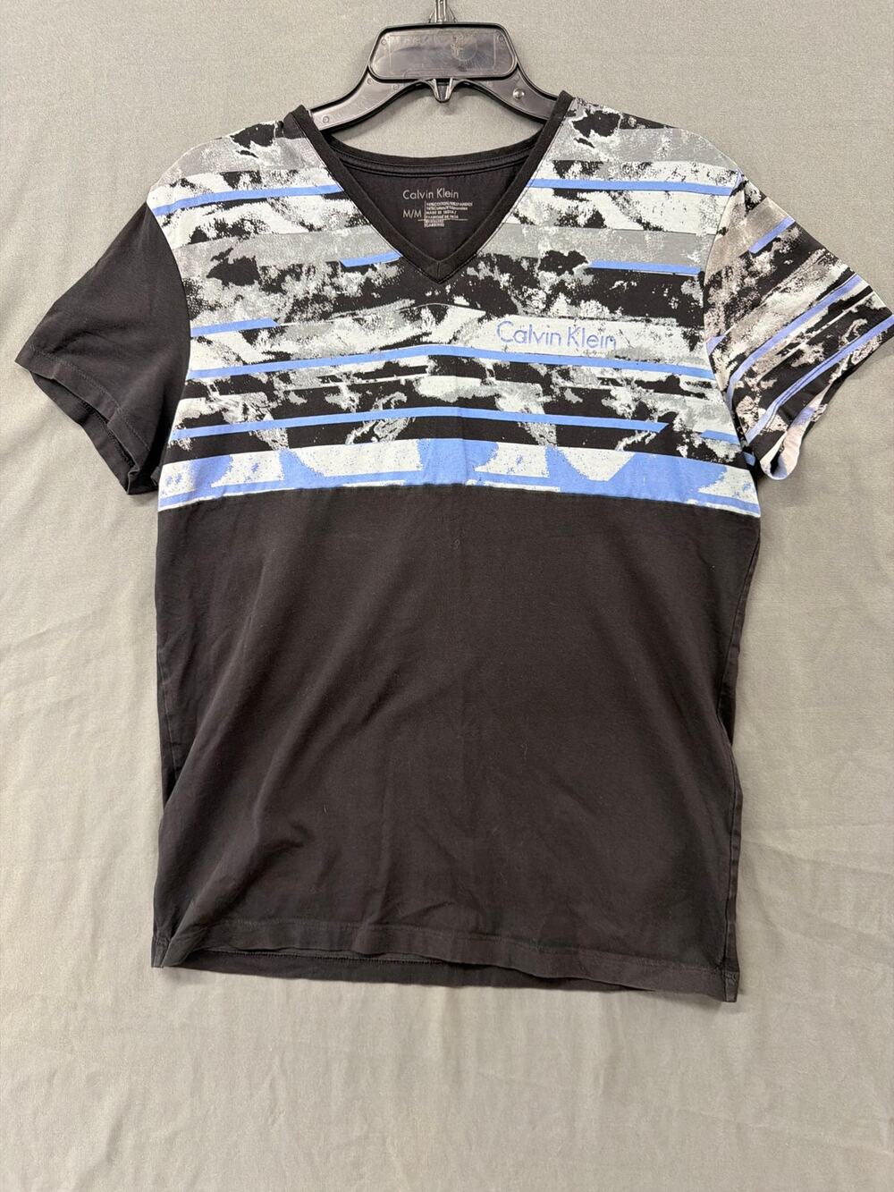 Calvin Klein Mens M V Neck T Shirt Black Blue Abstract Graphic Logo Cotton